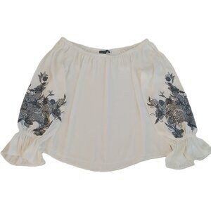 White House Black Market White Off-Shoulder Boho Top Black Appliqué Sleeve Large